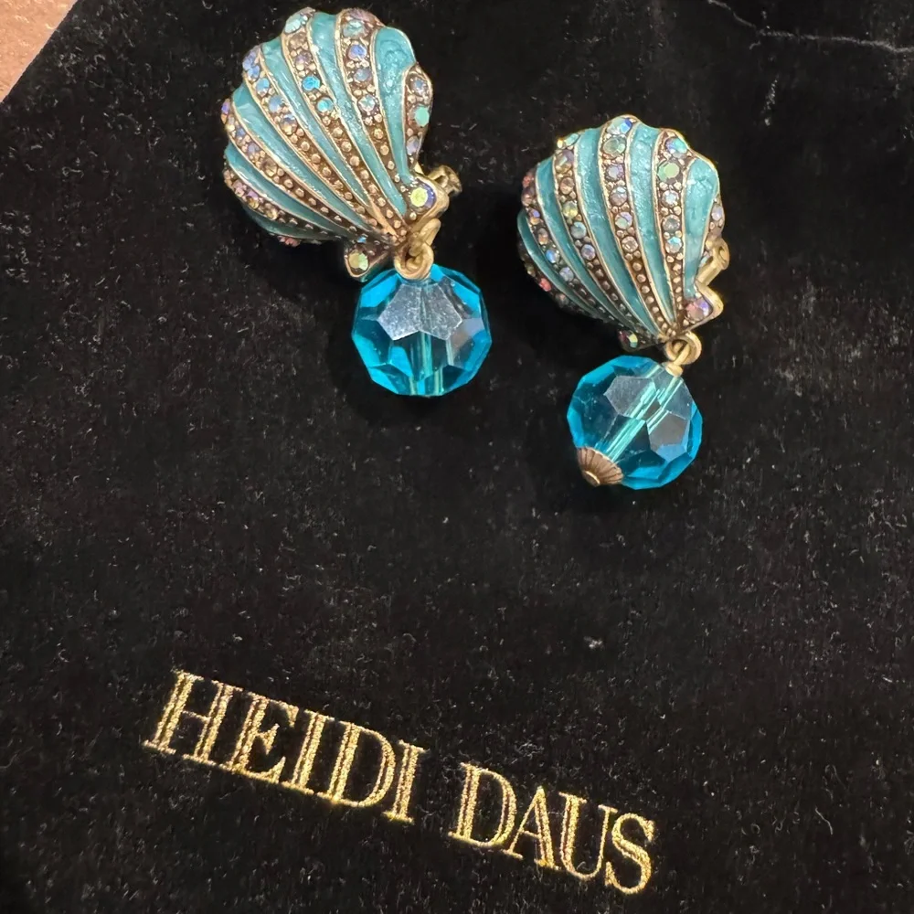 NWOT Heidi Daus Elegant Crystal and Enamel Blue Shell Omega Back Earrings - Picture 3 of 8